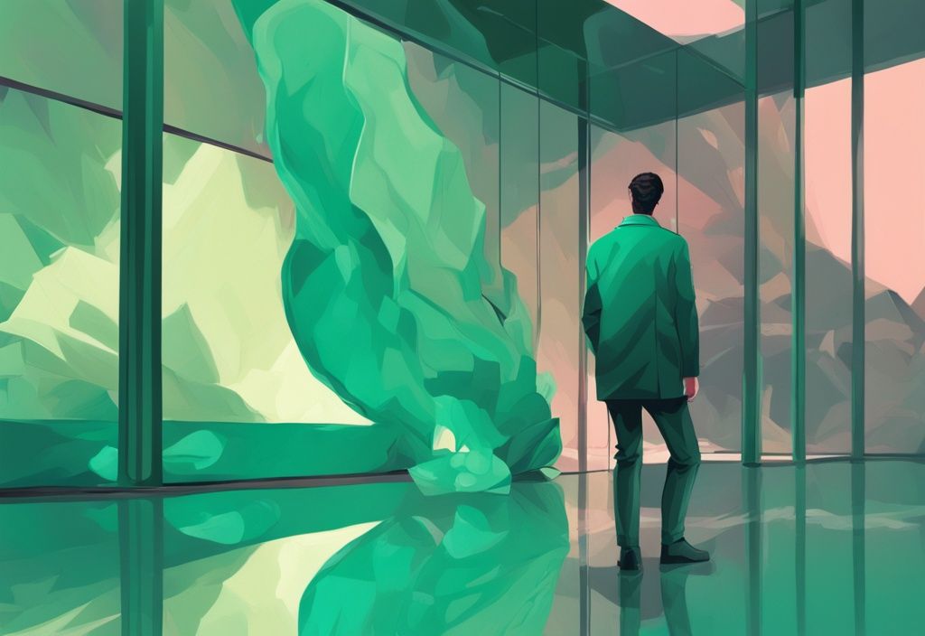 Modern digital painting of a jade narcissist admiring their reflection in a large piece of jade, with a teal color theme.