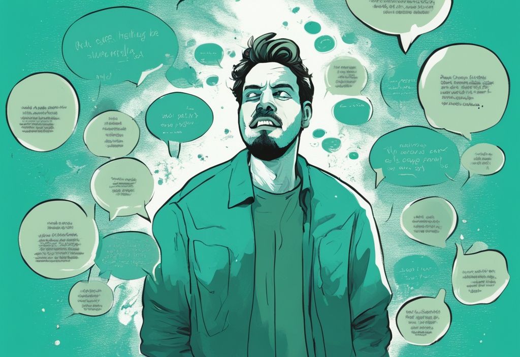 Modern digital painting of a narcissistic father with teal color theme, man speaking hurtful phrases in text bubbles around him.