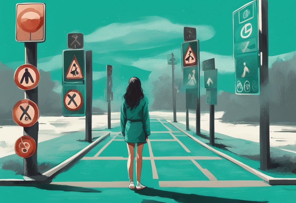 Modern digital painting of a young woman at a crossroads with eight signboards, each depicting subtle negative symbols of toxic parenting; 8 signs you were raised by a toxic mother.