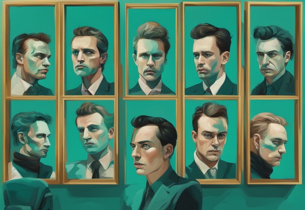 Collage of famous figures with narcissistic personality disorder in teal-themed digital painting, framed by symbolic mirrors reflecting self-obsession