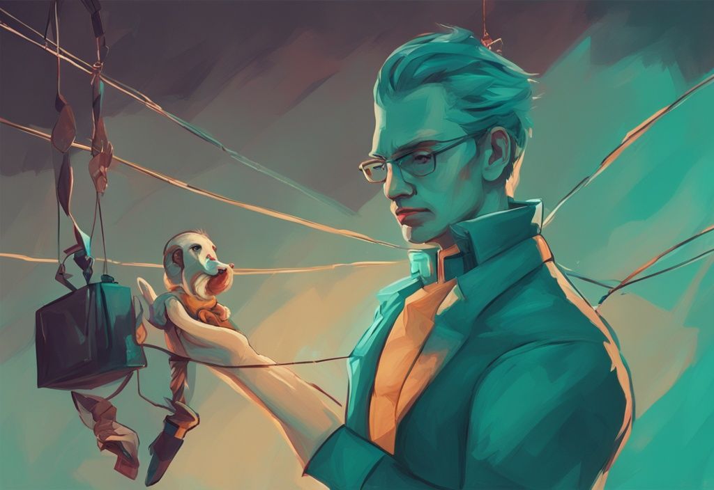 Modern digital painting of a grandiose narcissist holding a puppet on strings, exuding danger and control, with a teal color theme.