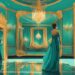 Teal-themed modern digital painting of a person admiring their reflection in a grand, opulent mirror, surrounded by a lavishly decorated room, illustrating grandiose narcissism.