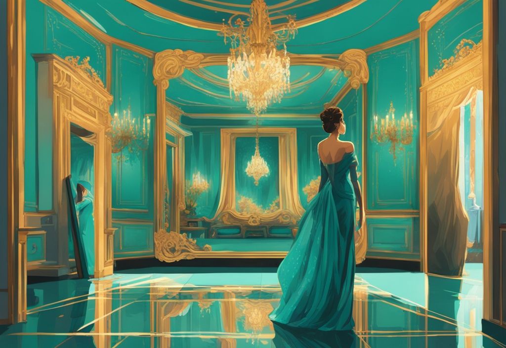 Teal-themed modern digital painting of a person admiring their reflection in a grand, opulent mirror, surrounded by a lavishly decorated room, illustrating grandiose narcissism.