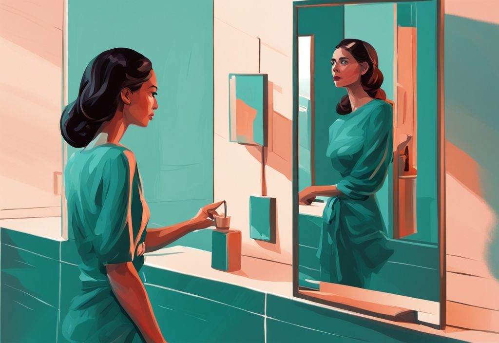 Teal-themed digital painting of a woman admiring her reflection while ignoring her husband