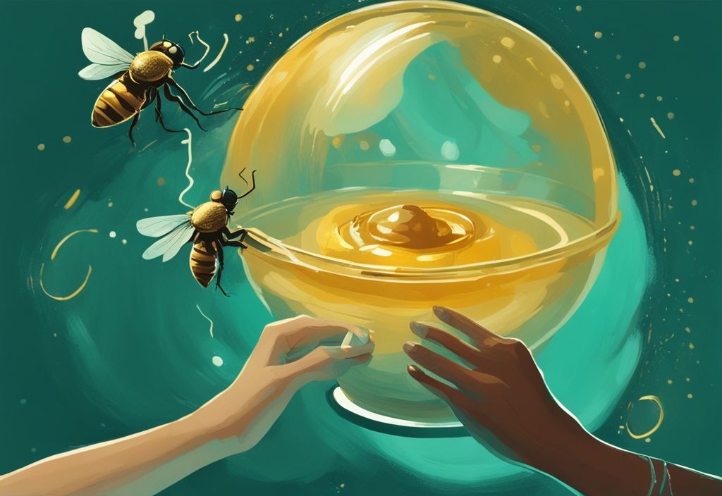 Modern digital painting with teal theme showing two hands reaching for a golden honey pot; one hand with a wedding ring and the other with a fly trap ring, illustrating the difference between love bombing and honeymoon phase.