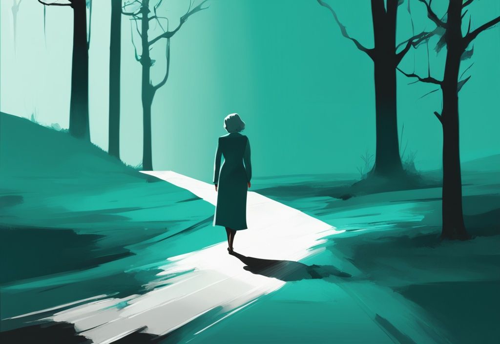 Modern digital painting of an adult at a crossroads, looking back at a mother figure silhouette while stepping towards a brighter path, illustrating how to detach from a codependent mother.