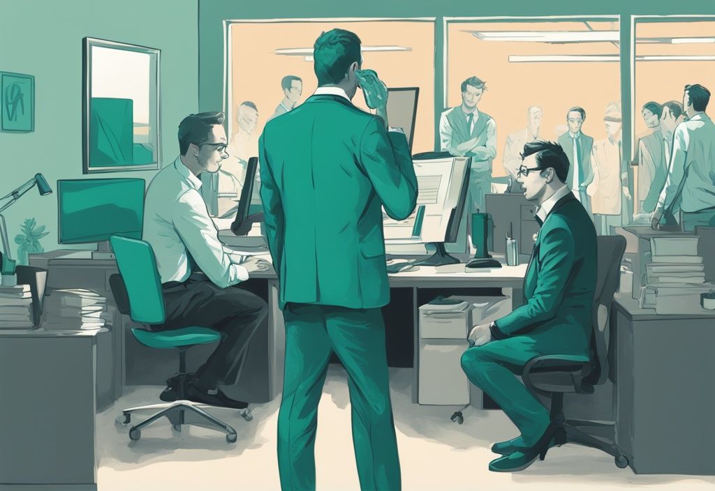 Modern digital painting of a narcissistic coworker admiring himself in a mirror, while colleagues work in a teal-themed office scene.