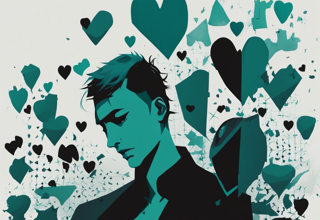 Modern digital painting with teal theme, dark silhouette of narcissistic character, shattered hearts, shadow figures, symbolizing cheating patterns.