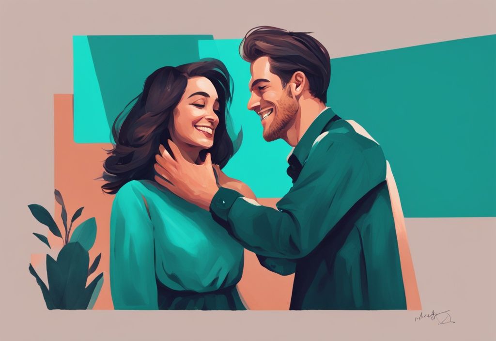 Modern digital painting of a confident woman captivating a man's attention, illustrating how to make a narcissist obsessed with you, teal color theme.