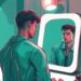 Modern digital painting of a narcissist staring at heart-shaped mirror, symbolizing self-attraction; who are narcissists attracted to theme in teal color.