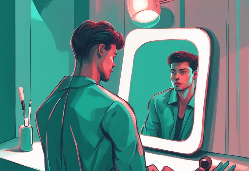 Modern digital painting of a narcissist staring at heart-shaped mirror, symbolizing self-attraction; who are narcissists attracted to theme in teal color.