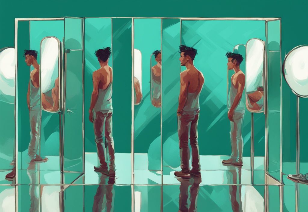 Modern digital painting of an overt narcissist admiring himself in multiple teal-themed mirrors.