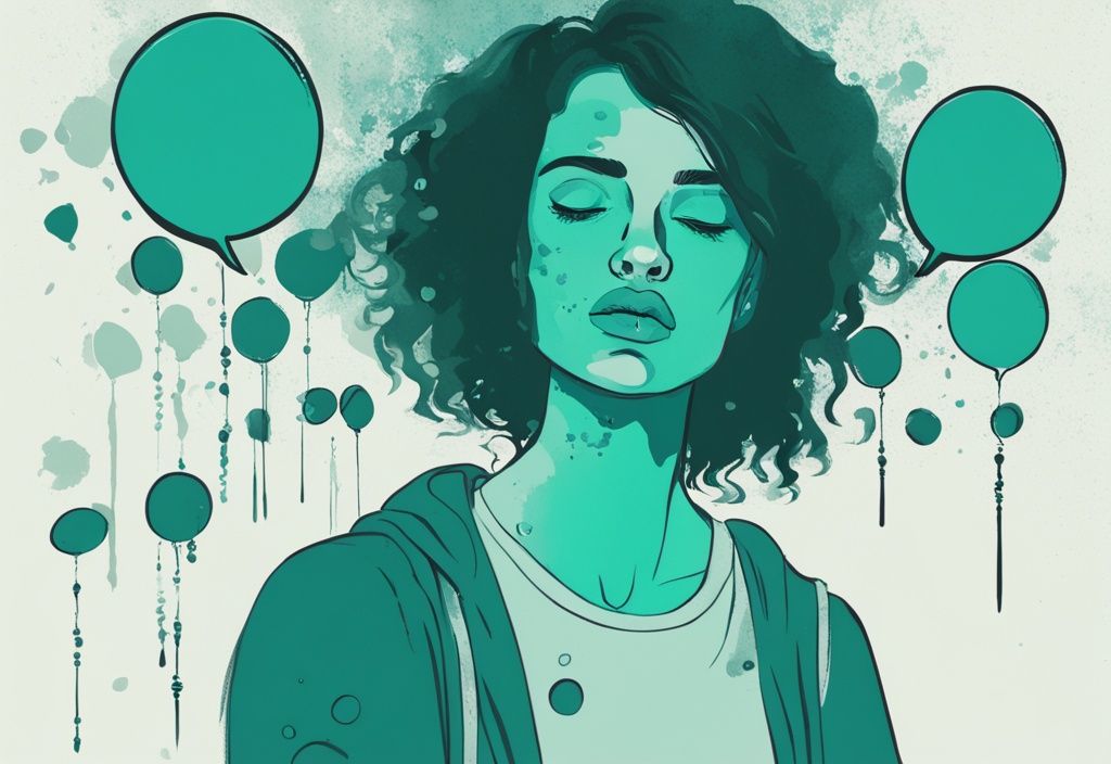 Modern digital painting of a distressed individual surrounded by 20 thought bubbles illustrating the 20 symptoms of narcissistic victim syndrome, with a teal color theme.