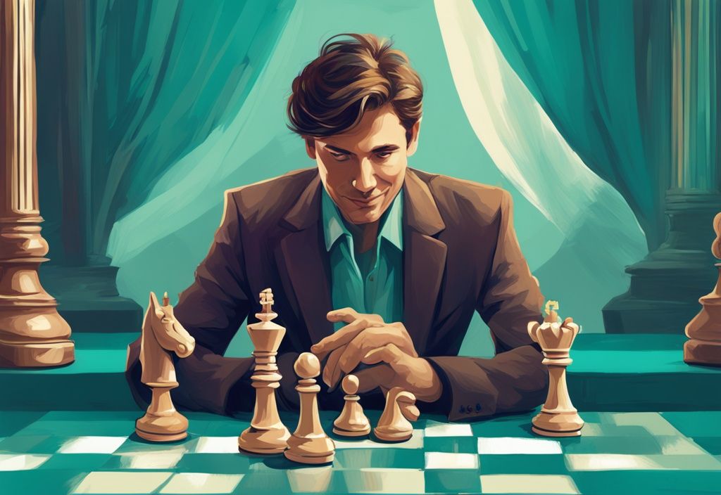 Charming man with king chess piece, teal digital painting, manipulative and egoistic characteristics