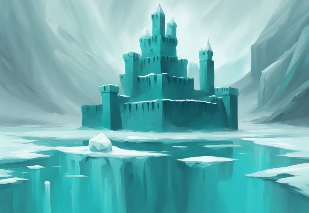 Modern digital painting of an ice fortress in teal, symbolizing emotional unavailability.