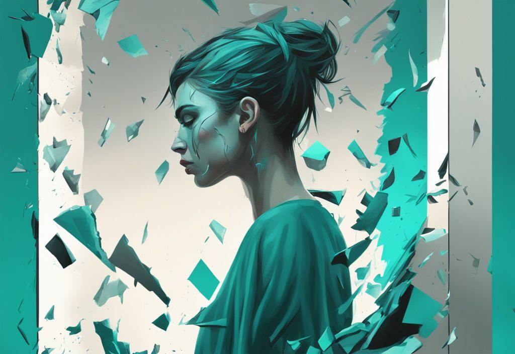 Modern digital painting of a narcissistic character in front of a shattered mirror, illustrating what words can destroy a narcissist with impactful fragments in teal color theme.