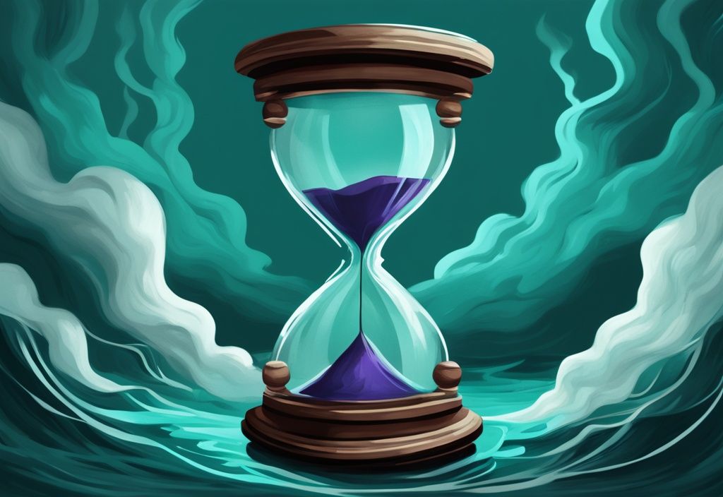 Modern digital painting of a teal-themed hourglass with stormy elements, symbolizing the unpredictable duration of a narcissist's rage