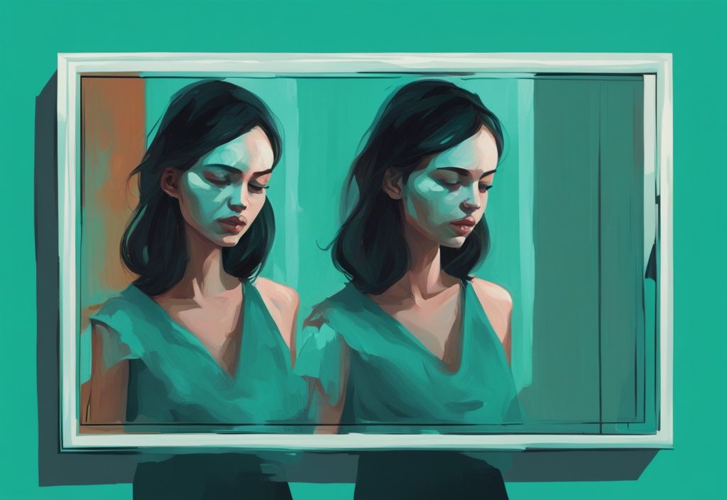 Modern digital painting of a person looking into a mirror reflecting a broken, distorted image, symbolizing narcissistic devaluation, with a teal color theme.