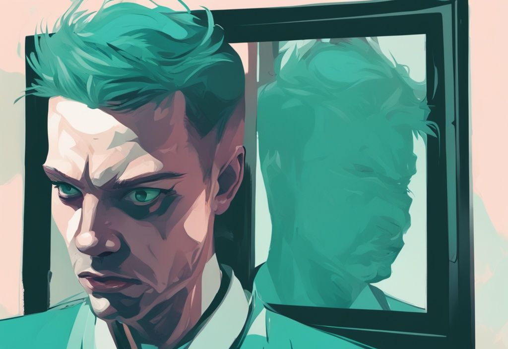 Modern digital painting of distressed individual and narcissistic character in mirror reflection, illustrating living with a narcissist when leaving is not an option.