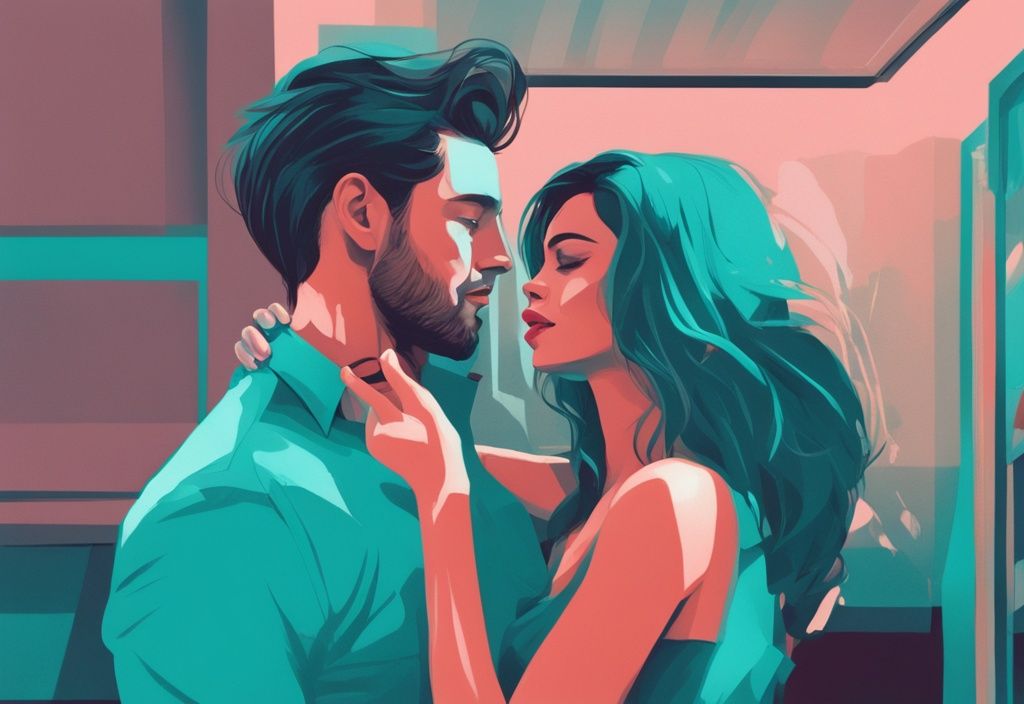 Modern digital painting of a woman confidently holding a man's attention, reflecting his obsession, illustrating how to make a narcissist obsessed with you, teal color theme.