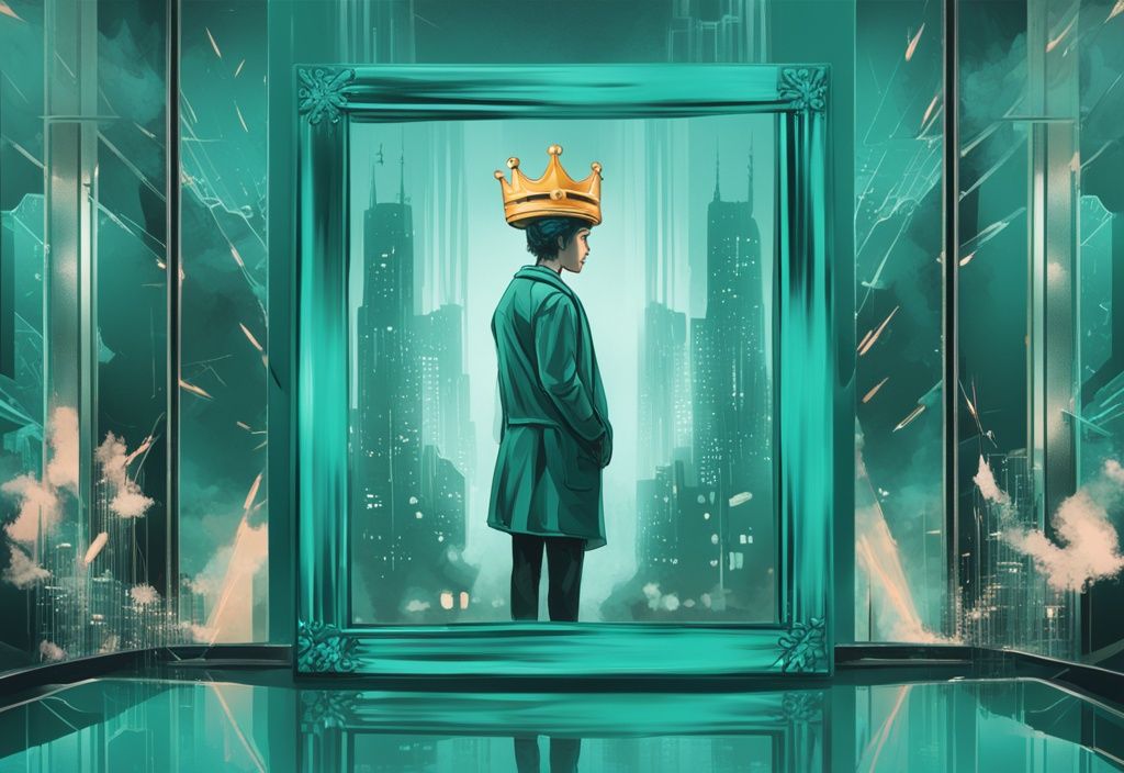 Modern digital painting in teal of a confident person reflecting in a mirror with "DSM-5 Narcissistic Personality Disorder" text, crown, and high-rise tower symbols.