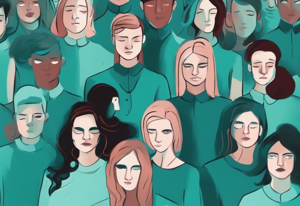 Modern digital painting illustration in teal depicting individuals with text bubbles indicating symptoms of narcissistic victim syndrome