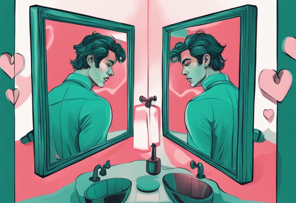 Modern digital painting of a narcissist staring at heart-shaped mirror, exploring who are narcissists attracted to, with teal color theme.