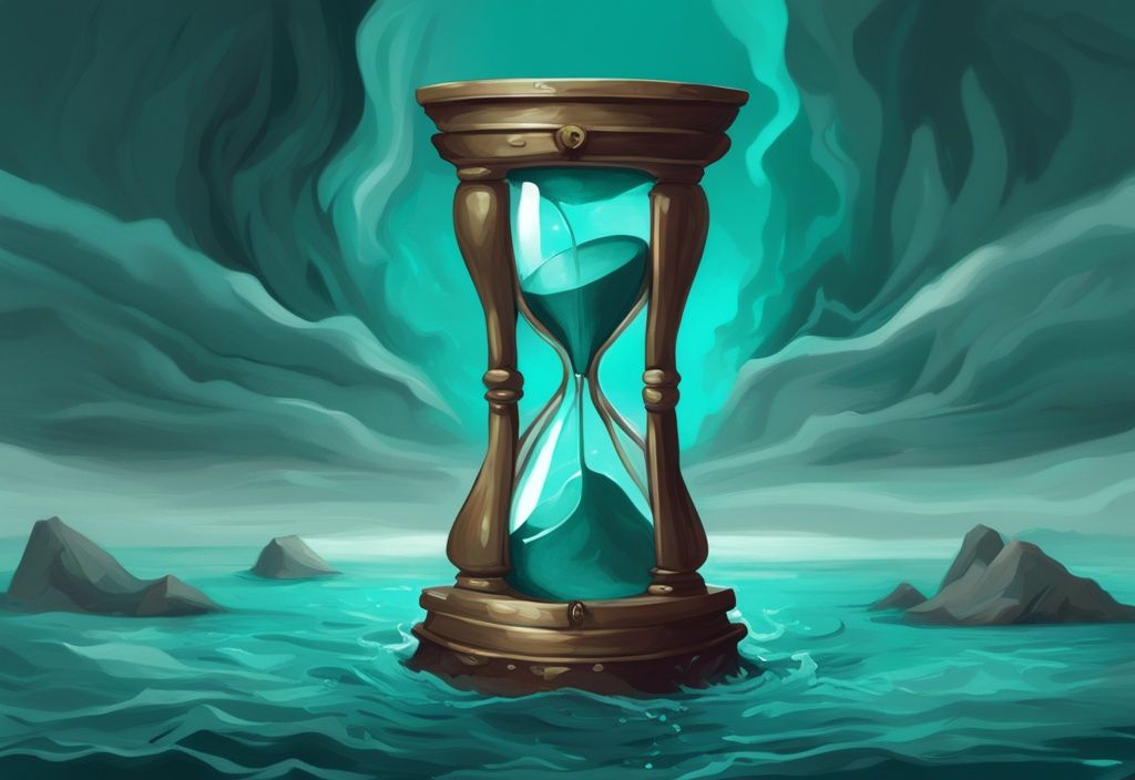 Modern digital painting of an hourglass with stormy insides, illustrating "how long does narcissistic rage last" in teal color theme.