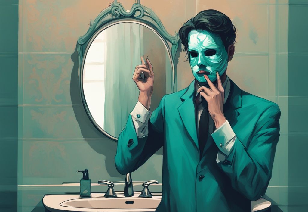 Teal-themed digital painting of a narcissist playing victim, man performing a sad monologue in front of a mirror with a tragedy mask hanging off his fingers.