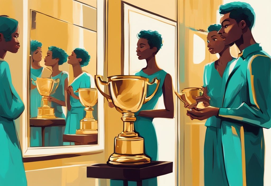 Modern digital painting of a narcissist idealization: individual adoringly gazing at their reflection in a golden trophy, with others looking up in awe, teal color theme.