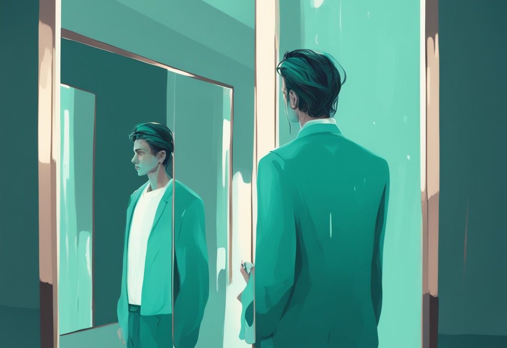 Modern digital painting of a narcissist looking into a mirror, reflection fading away, symbolizing what happens when you ignore a narcissist, with a teal color theme.