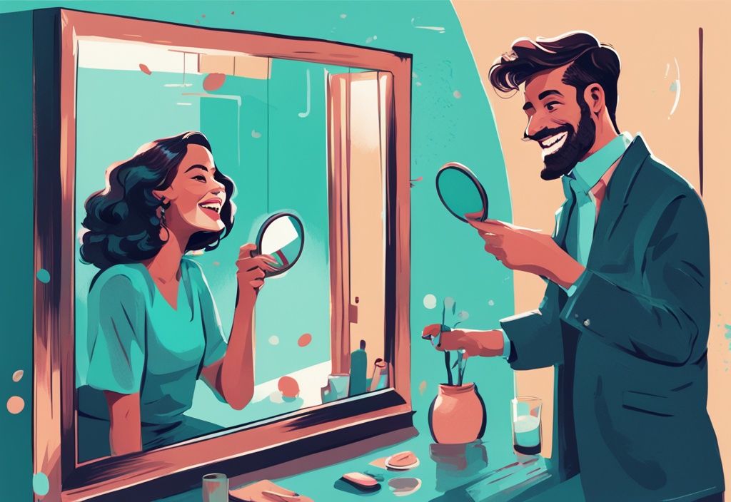 Modern digital painting of a woman holding a mirror to a grinning man with humorous speech bubbles, teal color theme.