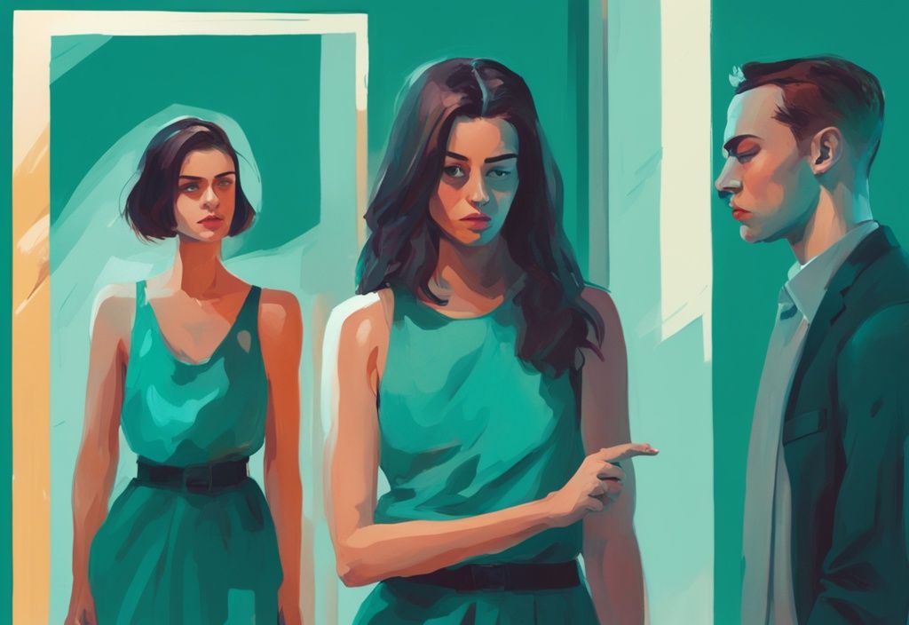 Modern digital painting of a woman gazing into a mirror with a self-absorbed expression, teal color theme, younger couple in the background looking exasperated.