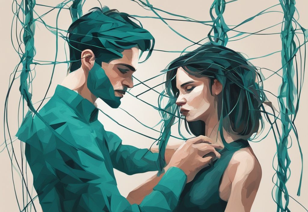 Modern digital painting of a narcissist manipulating a puppet spouse with teal color theme and tangled strings background