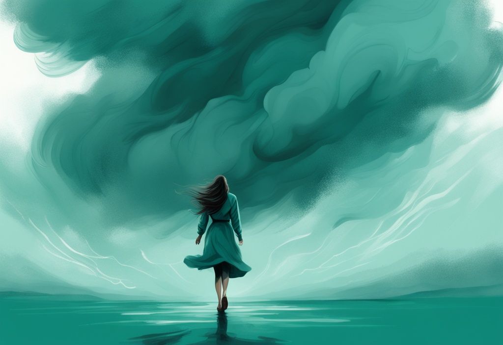 Modern digital painting of a woman walking away from a dark stormy cloud symbolizing a toxic relationship with teal color theme and final goodbye quotes overlay.