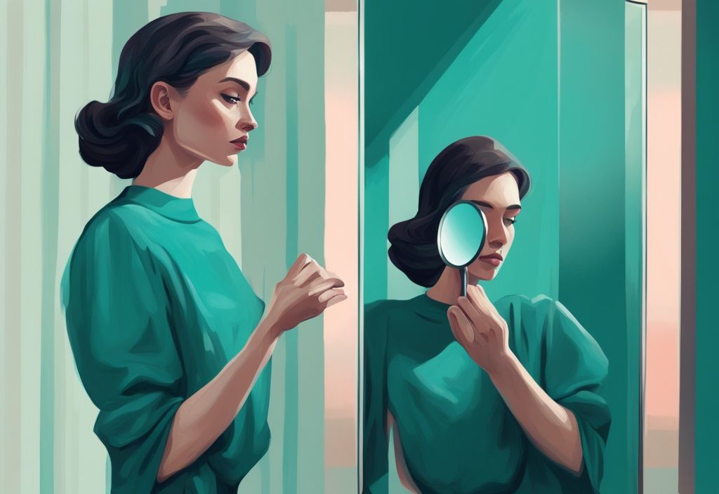 Modern digital painting of a person holding a mirror reflecting a diminishing figure, symbolizing how to take control away from a narcissist, with a teal color theme.