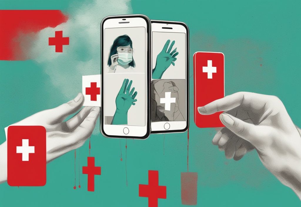 Modern digital painting with teal theme depicting 5 things to never do after breaking up with a narcissist, including actions like reaching out through a smartphone and looking at old photos, all marked with red crosses.