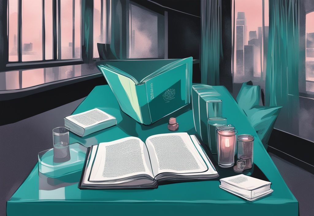 Modern digital painting of novels with narcissistic characters on a teal-themed table, smug face reflection on central book cover.