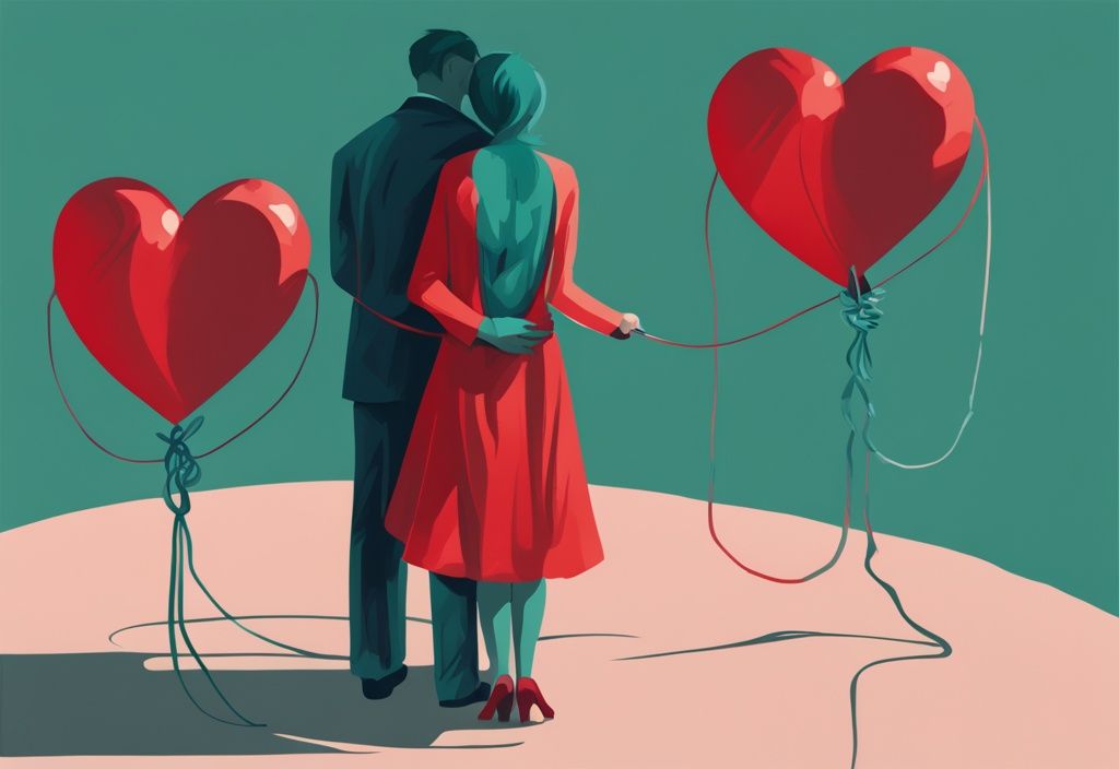 Modern digital painting of shadowy figure hiding red hearts, presenting larger heart to another person, symbolizing deceit and multiple affairs, teal color theme.