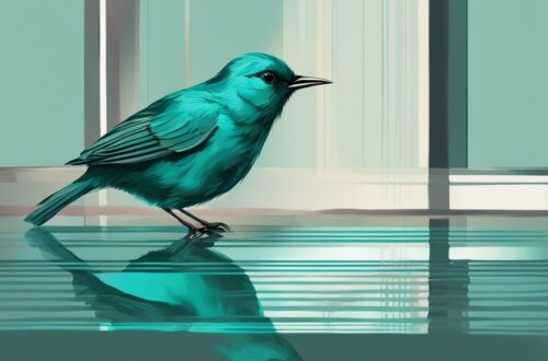 Modern digital painting of a teal-themed songbird admiring its reflection, evoking themes of songs about narcissism.