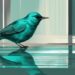 Modern digital painting of a teal-themed songbird admiring its reflection, evoking themes of songs about narcissism.