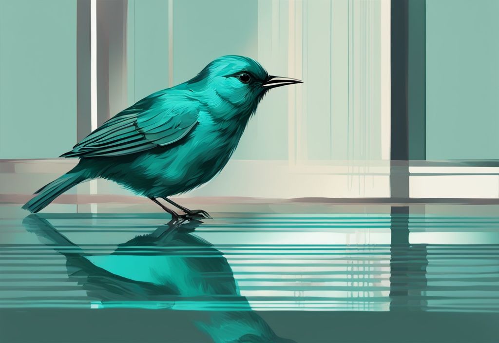 Modern digital painting of a teal-themed songbird admiring its reflection, evoking themes of songs about narcissism.