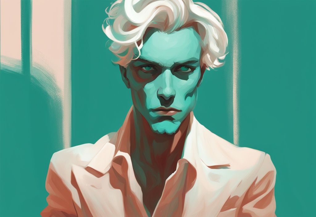 Modern digital painting illustrating grandiose narcissists dangerous, featuring a charming yet imposing figure overshadowing smaller, intimidated people, with a teal color theme.