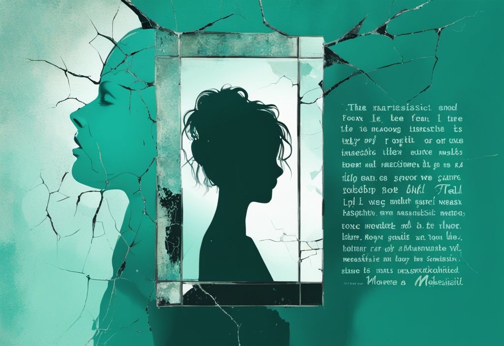 Teal digital painting of cracked mirror reflecting distressed young person, silhouetted text with quotes on toxic narcissistic motherhood.