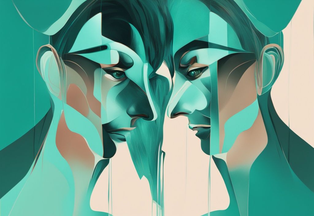 Abstract digital painting of a teal mirror reflecting distorted faces of famous narcissists.