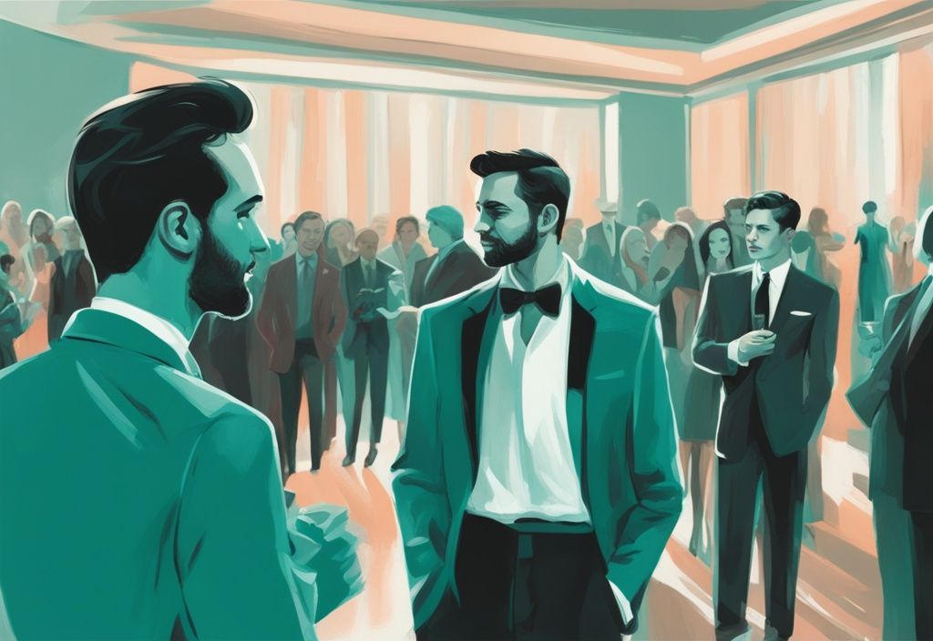 Modern digital painting of a social gathering with a covert narcissist husband subtly taking the limelight, main color theme teal.