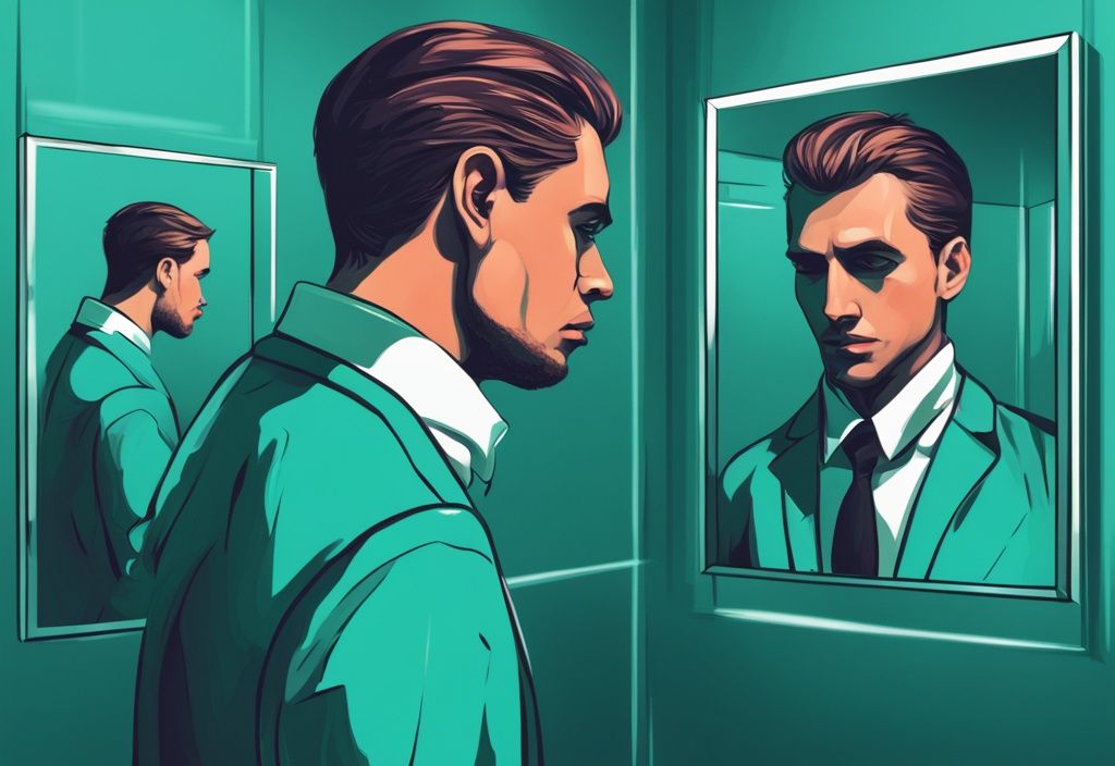 Modern digital painting of a man struggling to turn away from his reflection in a teal-themed mirror, symbolizing an attempt to overcome narcissism