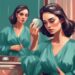 Modern digital painting of a narcissist wife admiring herself in a hand mirror, oblivious to her husband in the background, teal color theme.