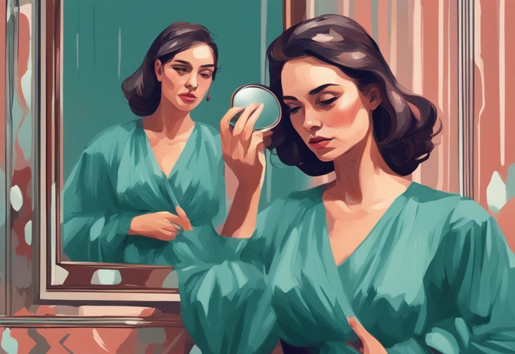 Modern digital painting of a narcissist wife admiring herself in a hand mirror, oblivious to her husband in the background, teal color theme.