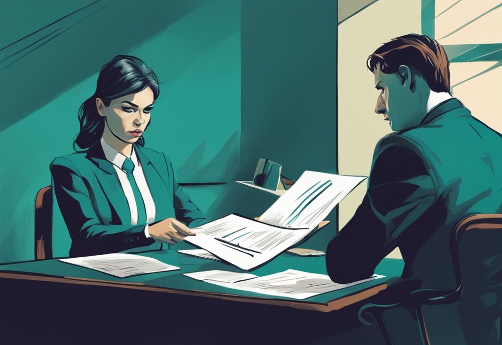 Modern digital painting of a confident woman reviewing legal documents at a desk, with an agitated narcissistic man arguing in the background, teal color theme.